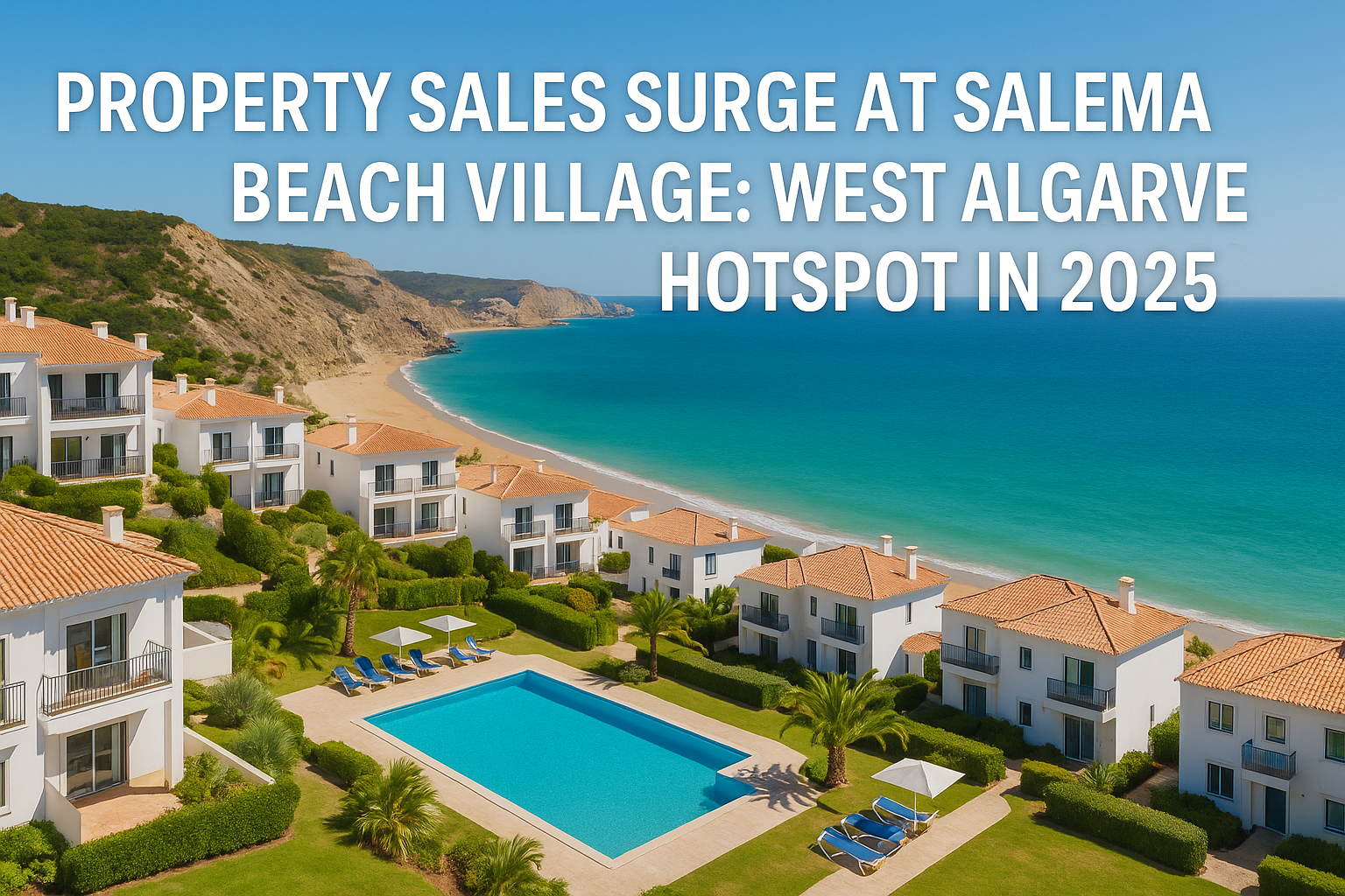 Modern upscale coastal real estate development at Salema Beach Village, West Algarve, Portugal, with contemporary white villas, lush landscaping, and the Algarve coastline. 16:9 aspect ratio, 1792x1024 pixels. No text or frames.