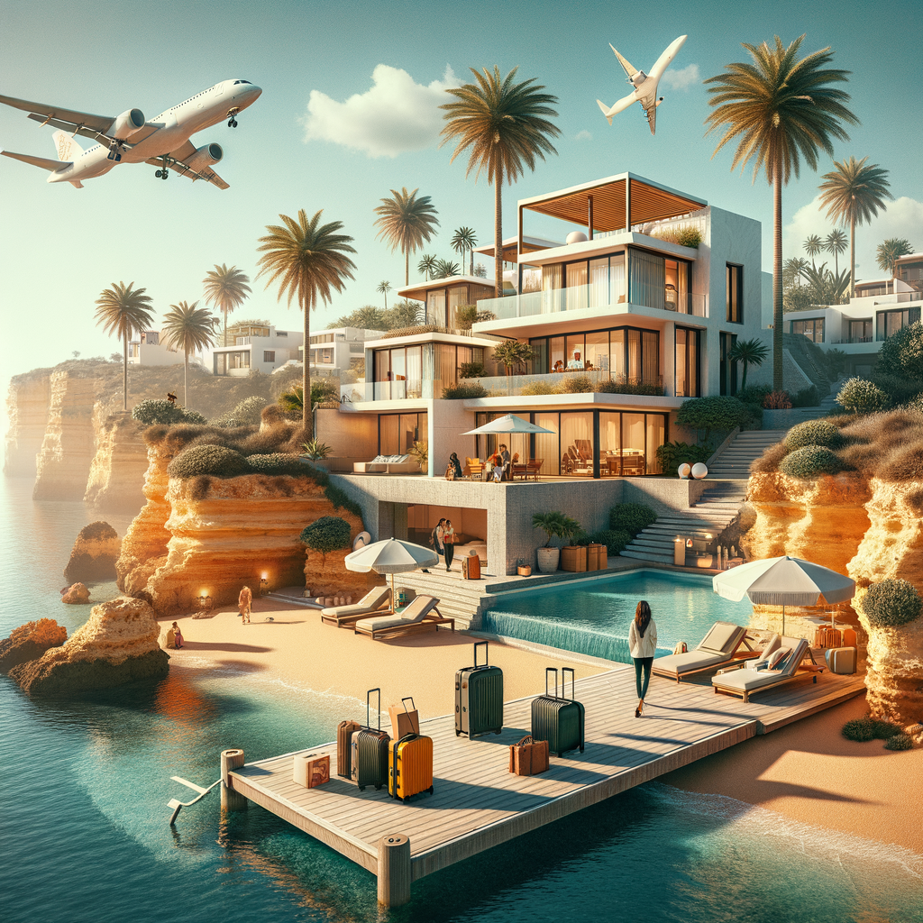 Modern villa on Algarve coastline with American family and direct flight, symbolizing US investment in Portugal real estate (2025)