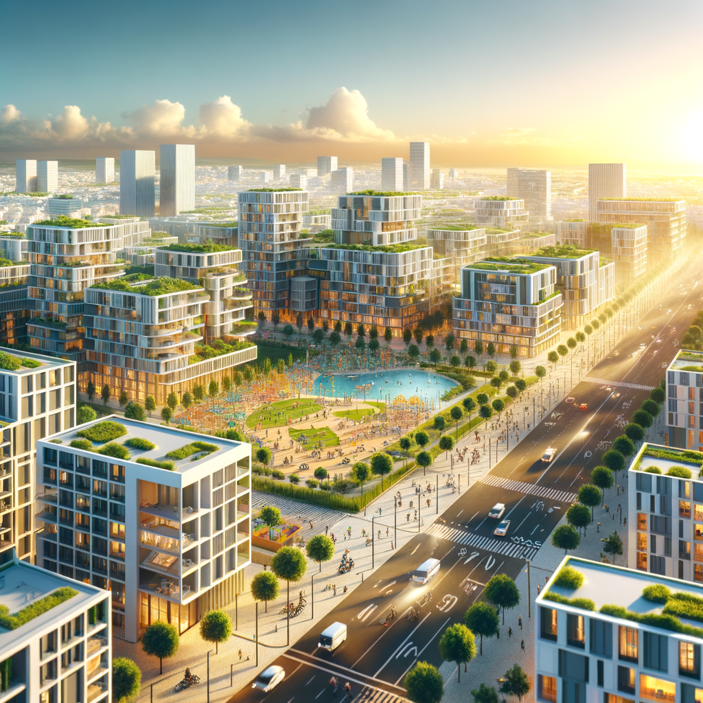 Modern urban development in Faro, Portugal, with residential buildings, commercial spaces, and a large green park. Cover image for Vale da Amoreira Urbanisation Plan (PUVA) article.