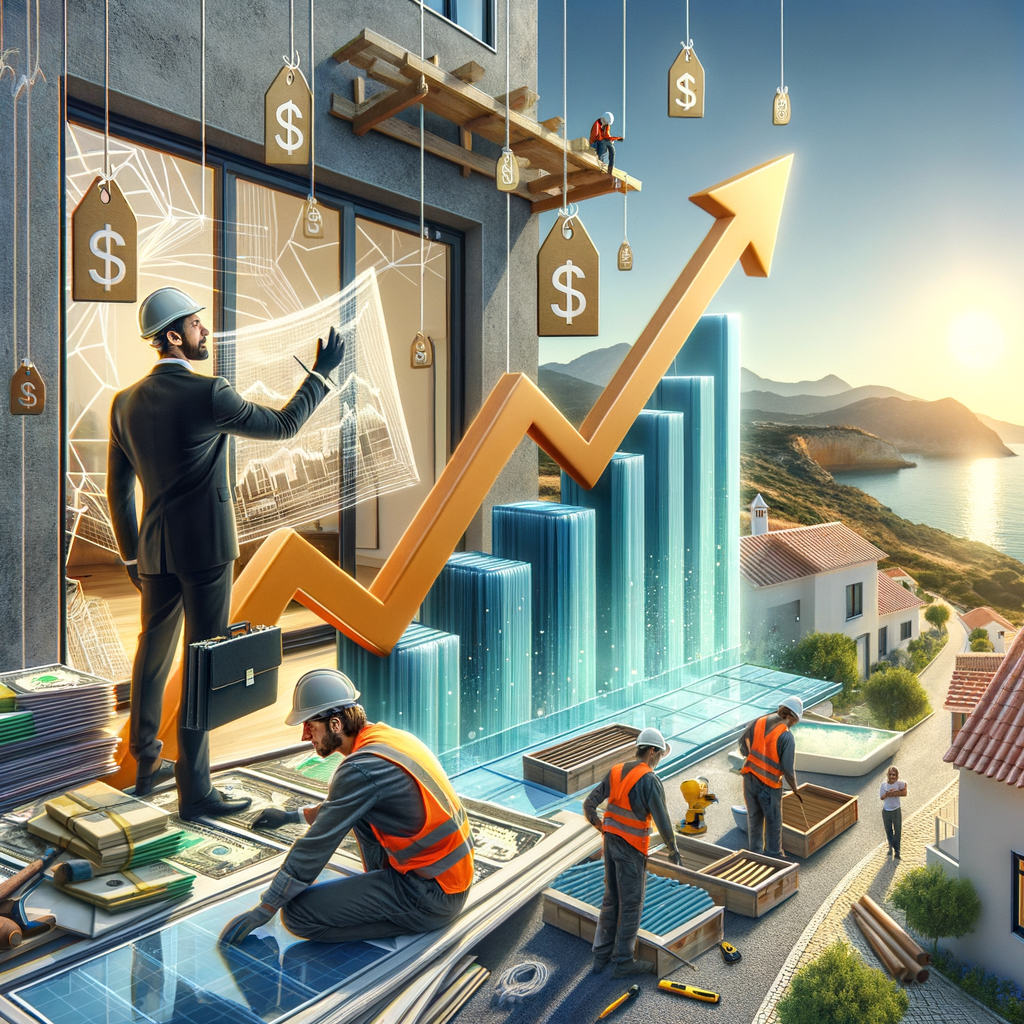 Construction workers installing glass and insulation with upward price arrows, set against Algarve landscape, representing rising construction costs in Portugal 2025