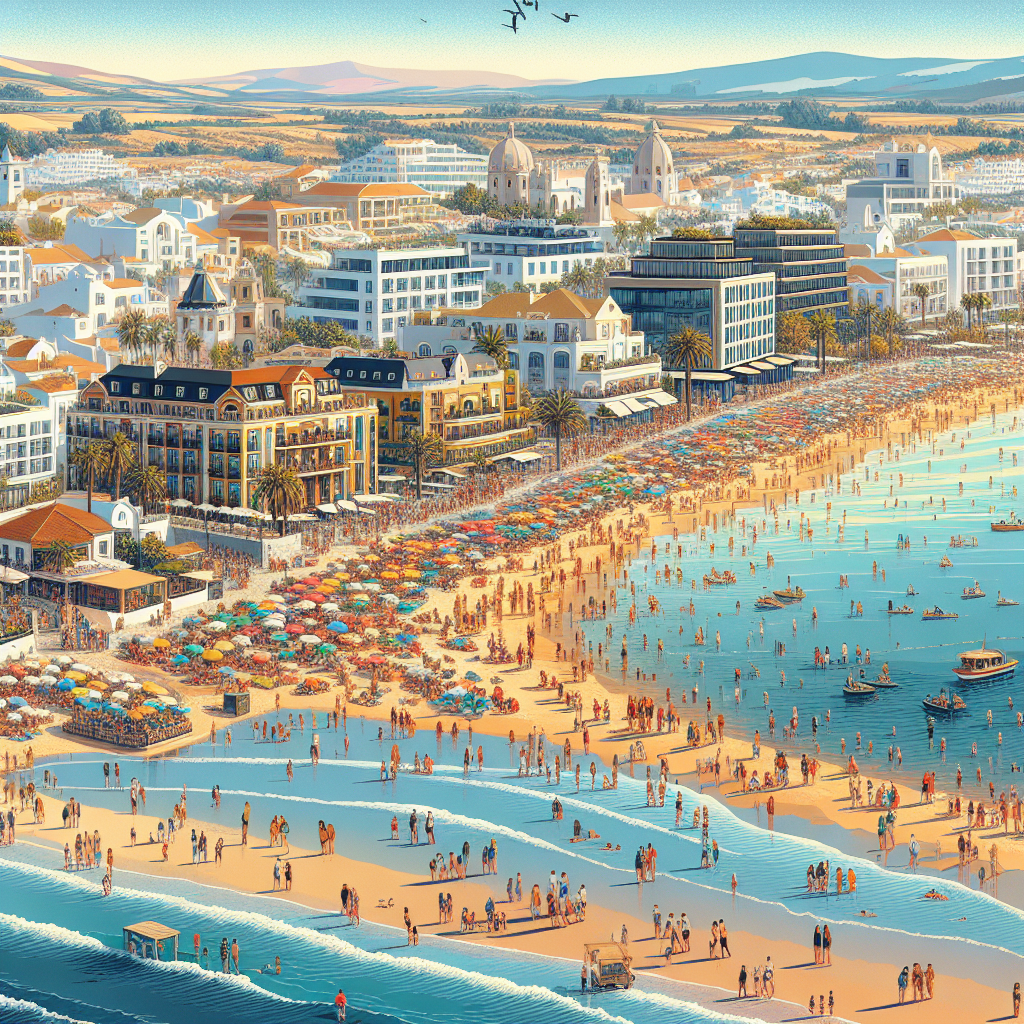 Vibrant Algarve beach scene with international tourists, modern resorts, and attractive real estate, clear skies and iconic coastline, symbolizing opportunity and growth.