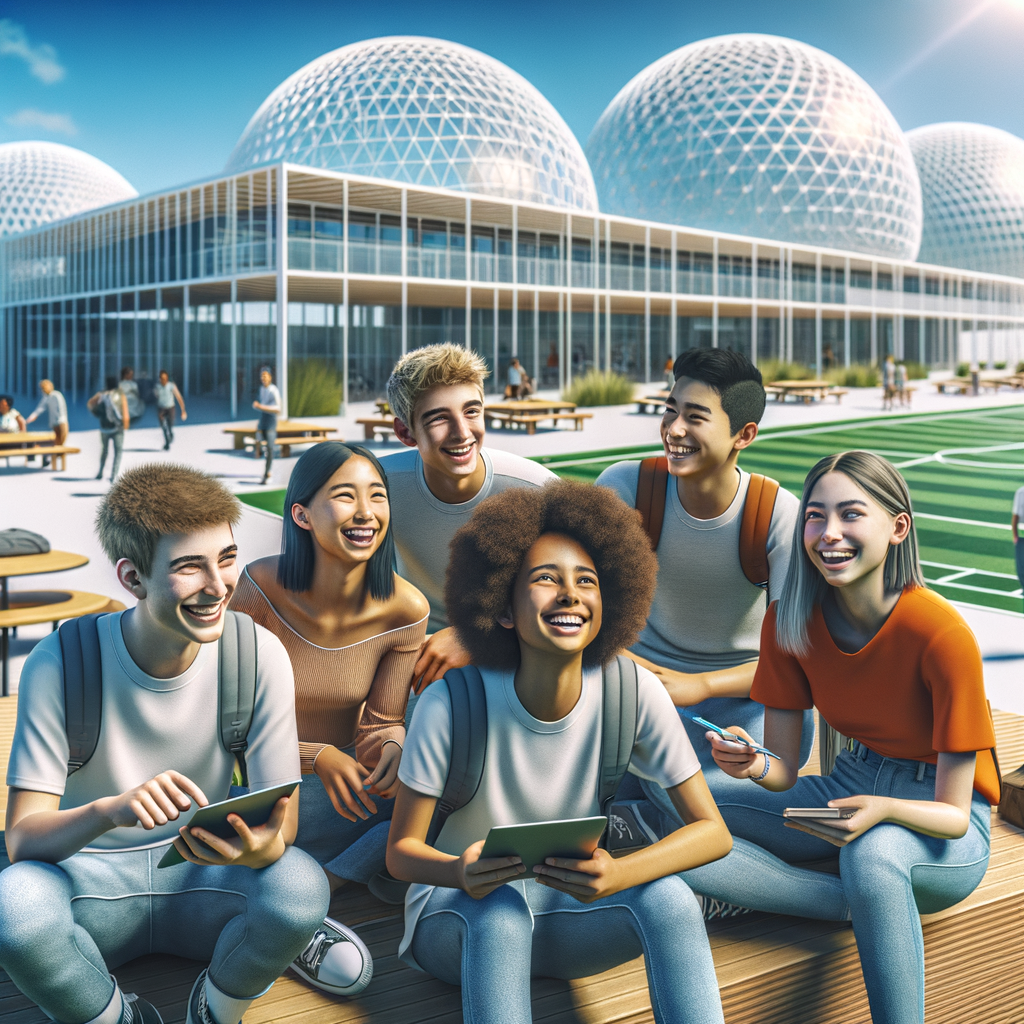 Modern international school in Algarve, Portugal, with new facilities, sports fields, and diverse students, under sunny Mediterranean skies