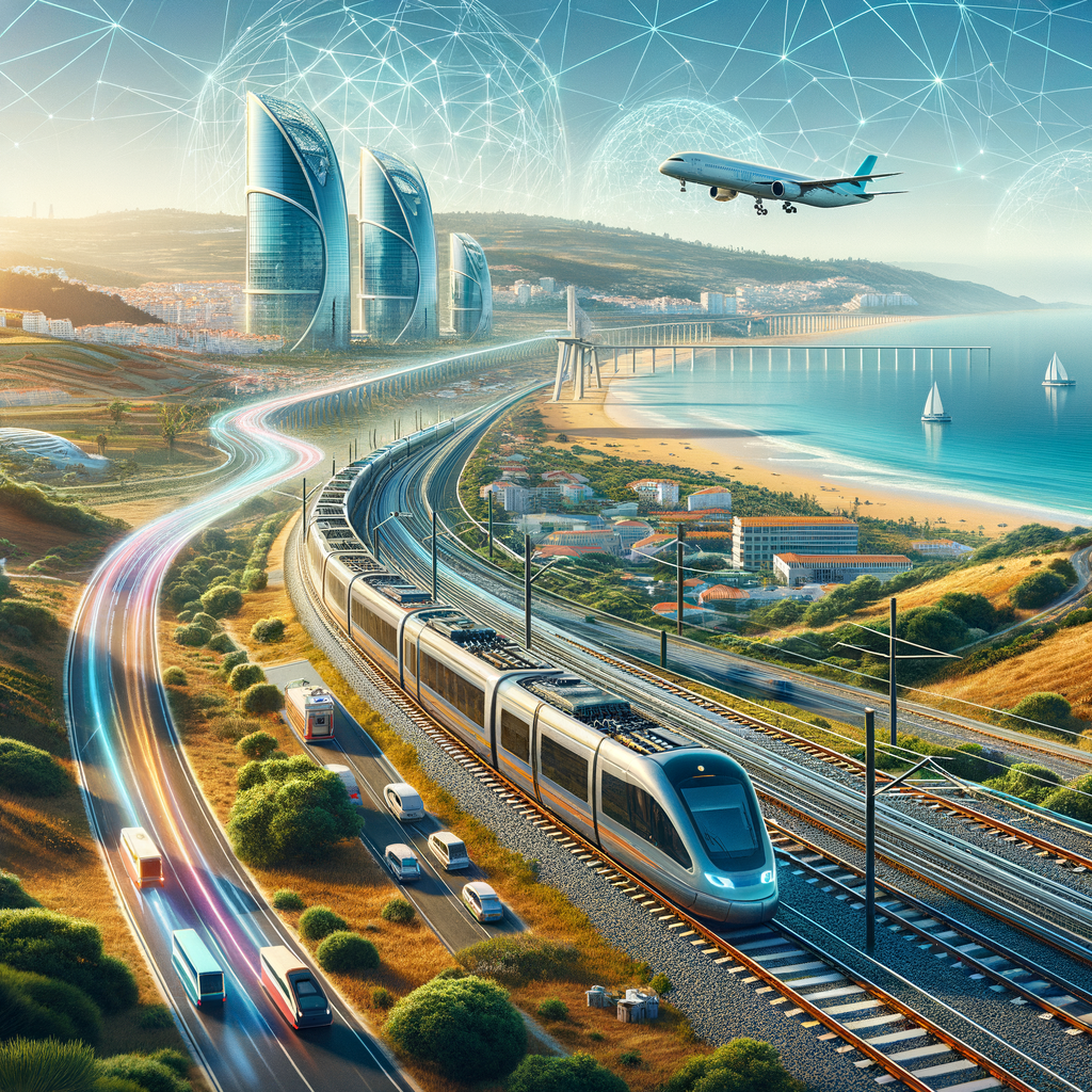 Portugal 2025 infrastructure boom – modern trains, airport, clean-energy buses, digital networks, Algarve landscape