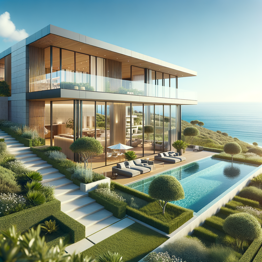 Modern luxury villa development with sea views in Praia da Luz, Algarve. Contemporary architecture, lush gardens, and the Atlantic Ocean in the background. 16:9 blog cover image for real estate trends 2025.