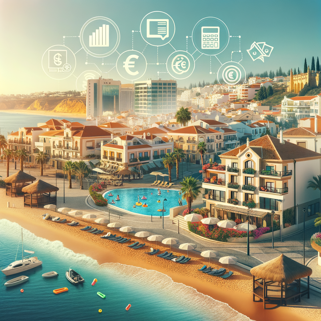 Professional image showing Faro, Portugal with tourist accommodations and property investment elements, representing the new year-round tourist tax impact on Algarve real estate investors
