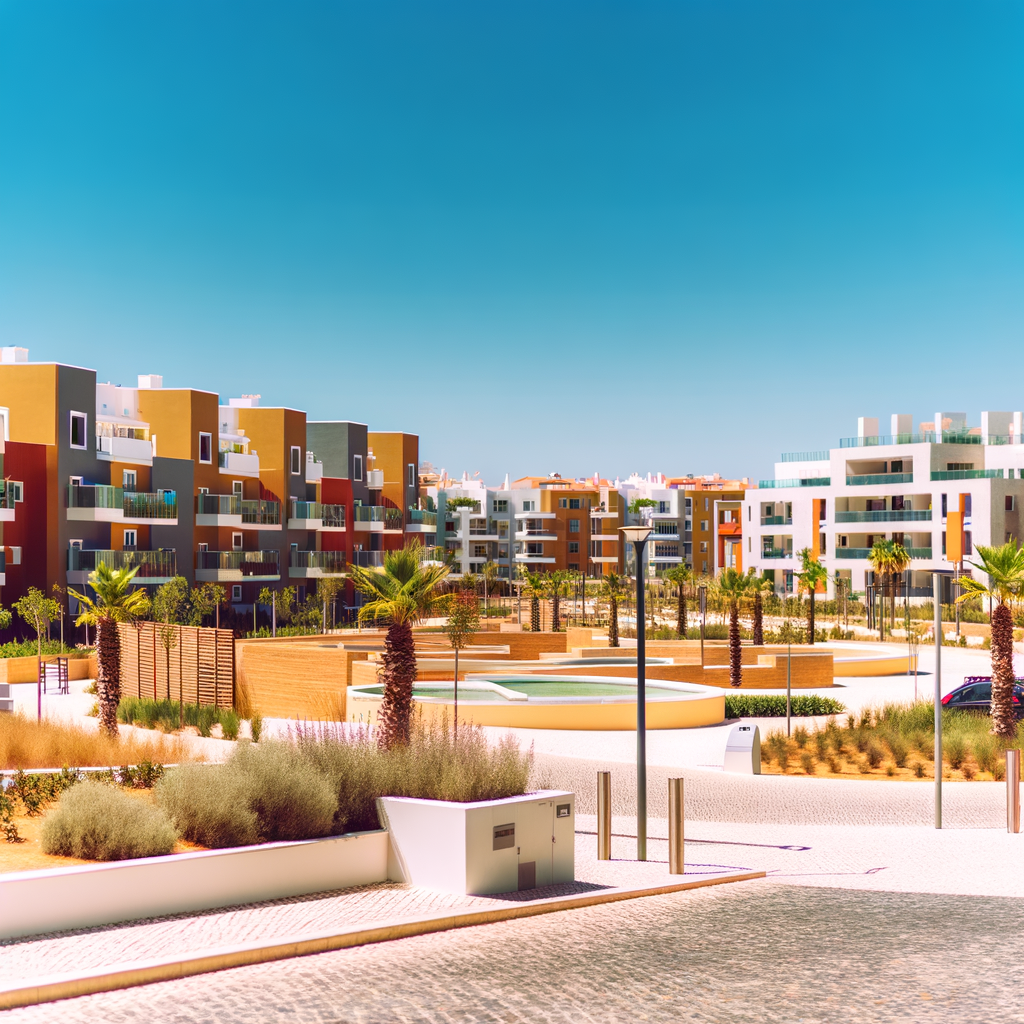 Modern public housing developments in Lagos, Portugal, with Mediterranean colors, landscaped communal areas, and a welcoming neighborhood atmosphere.
