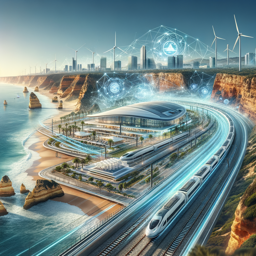 Modern infrastructure in Portugal with airport, high-speed trains, clean energy, digital networks, and Algarve coastline. DALL·E cover image for VerLuz.Homes.