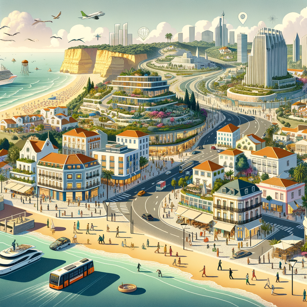 Illustration of Algarve, Portugal in 2025: sun-soaked beaches, luxury resorts, new developments, and international investors, symbolizing the region’s tourism and real estate boom.