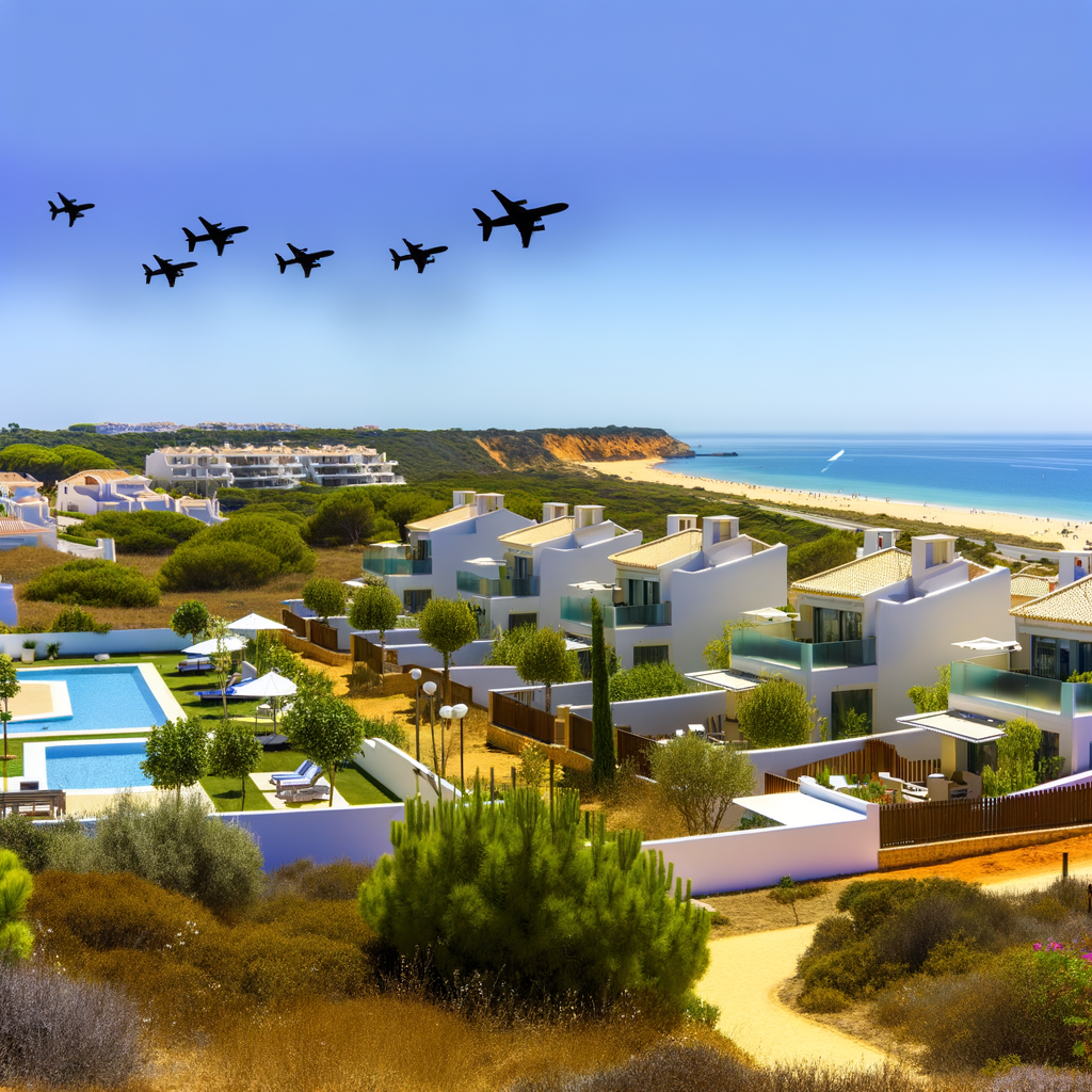 Salema Beach Village cover image showing modern villas, beach, pool, playground, and airplane silhouettes for international investment theme.