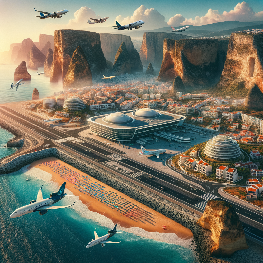 Faro Airport terminal with planes and Algarve coastal scenery representing real estate investment opportunities