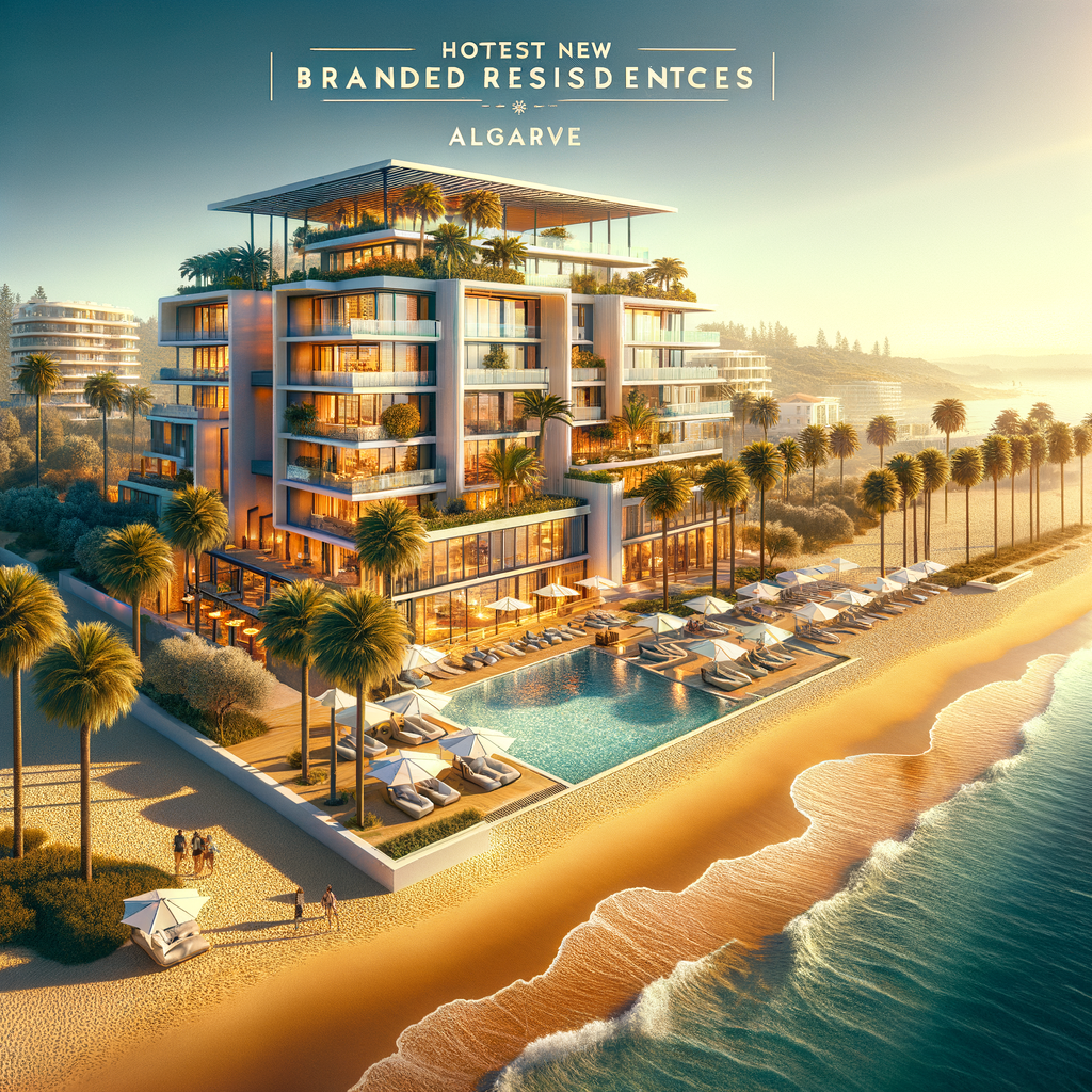 Luxury beachfront apartments at Salgados Resort, Algarve, with palm trees, golden sand, and resort amenities. Represents Marriott and Westin branded residences and premium investment opportunities in Portugal.