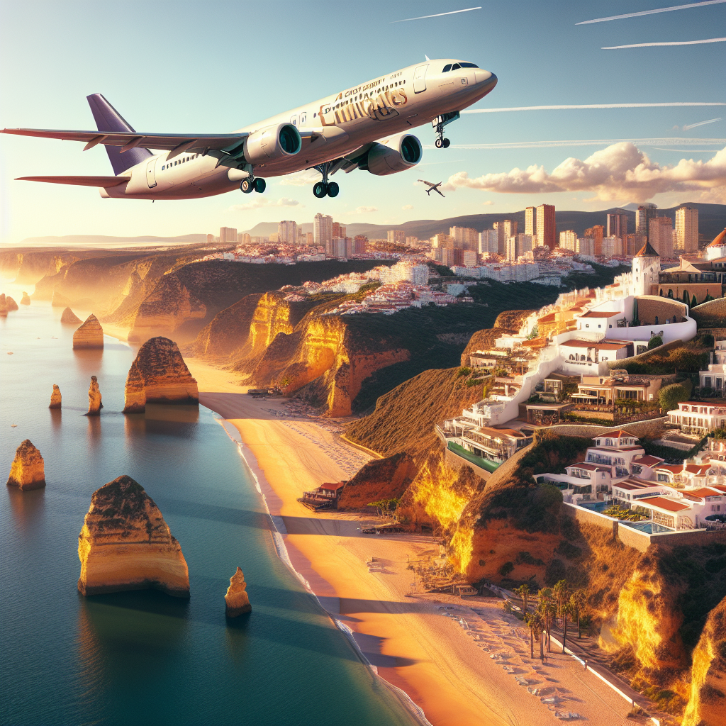 New York to Faro Direct Flights Boost American Investment in Algarve Commercial airplane flying over Algarve coastline representing direct flights from New York to Faro and American property investment in Portugal