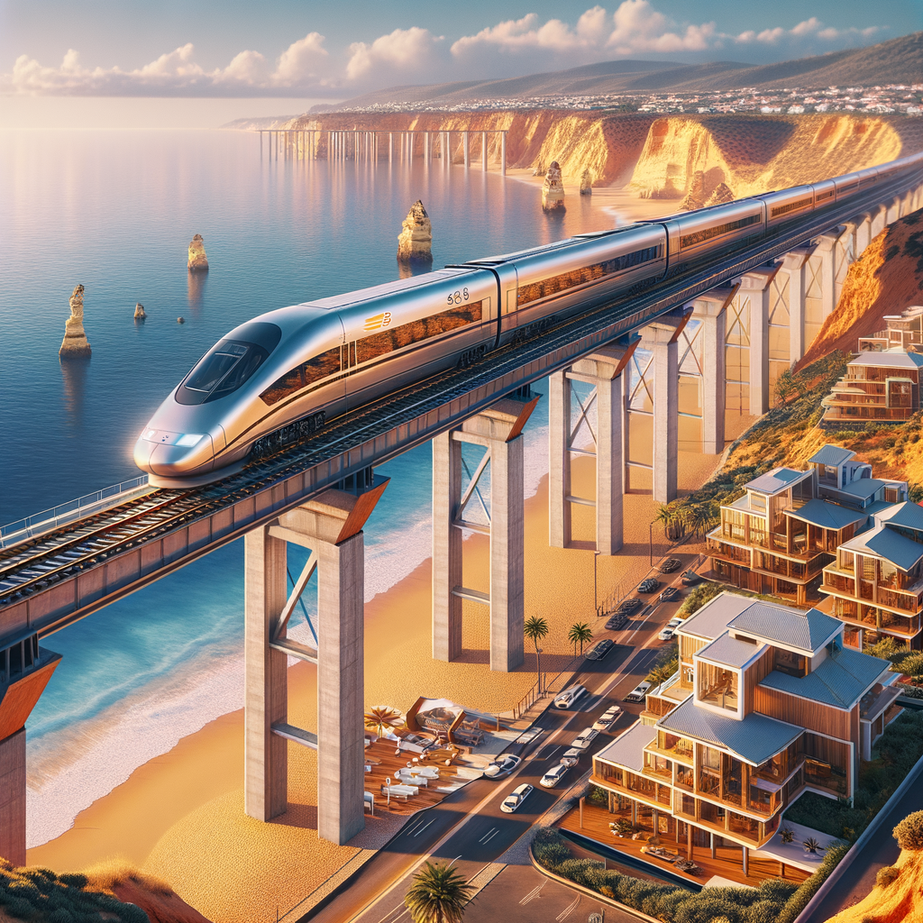 Modern high-speed train on elevated tracks over Portugal's Algarve coastline with property developments