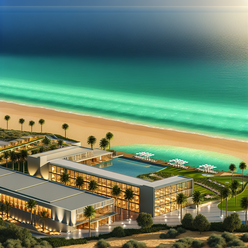 Modern luxury resort development concept on Meia Praia beach in Lagos, Algarve, showing contemporary architecture with ocean views