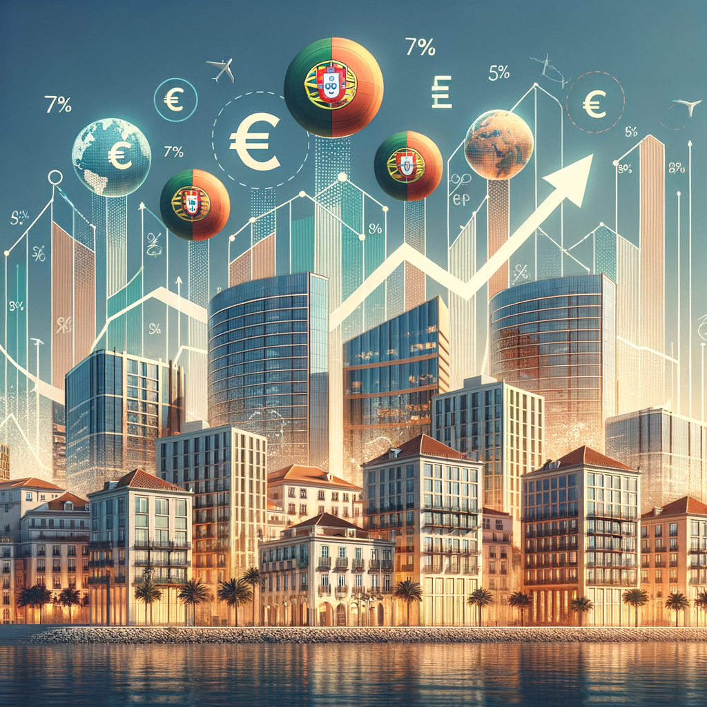 Modern commercial buildings in Portugal showing 78% investment surge with growth charts and financial indicators