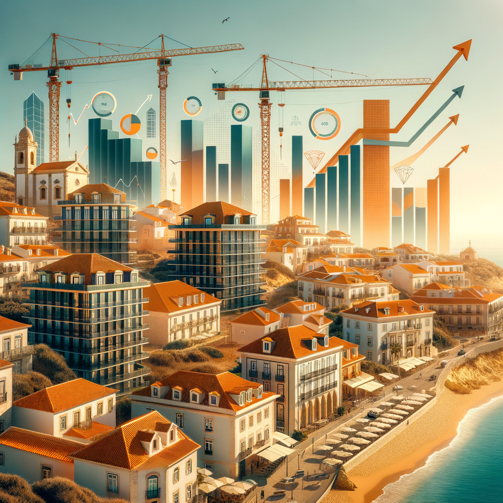 Portugal Construction Cost Surge – Construir Portugal Impact Modern construction cranes against Portuguese architecture showing rising construction costs and investment opportunities in Portugal's real estate market