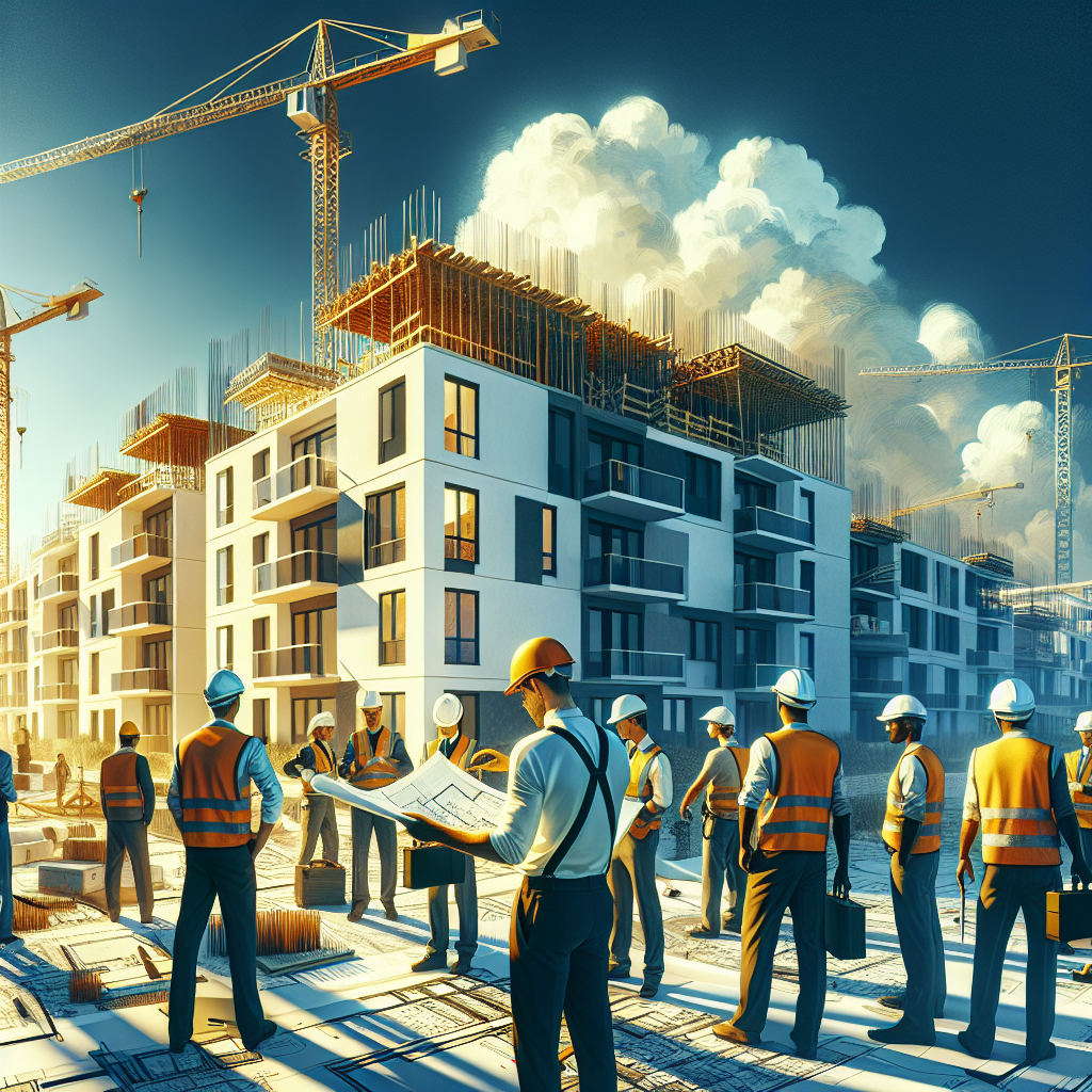 Construction workers on a building site in Portugal's Algarve region with cranes and modern residential development, representing construction labor shortage and real estate investment opportunities