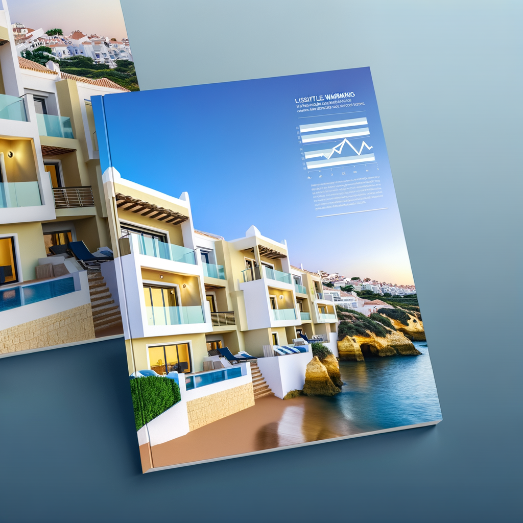 Professional image showing Portugal's Algarve real estate market with coastal properties and market analysis charts