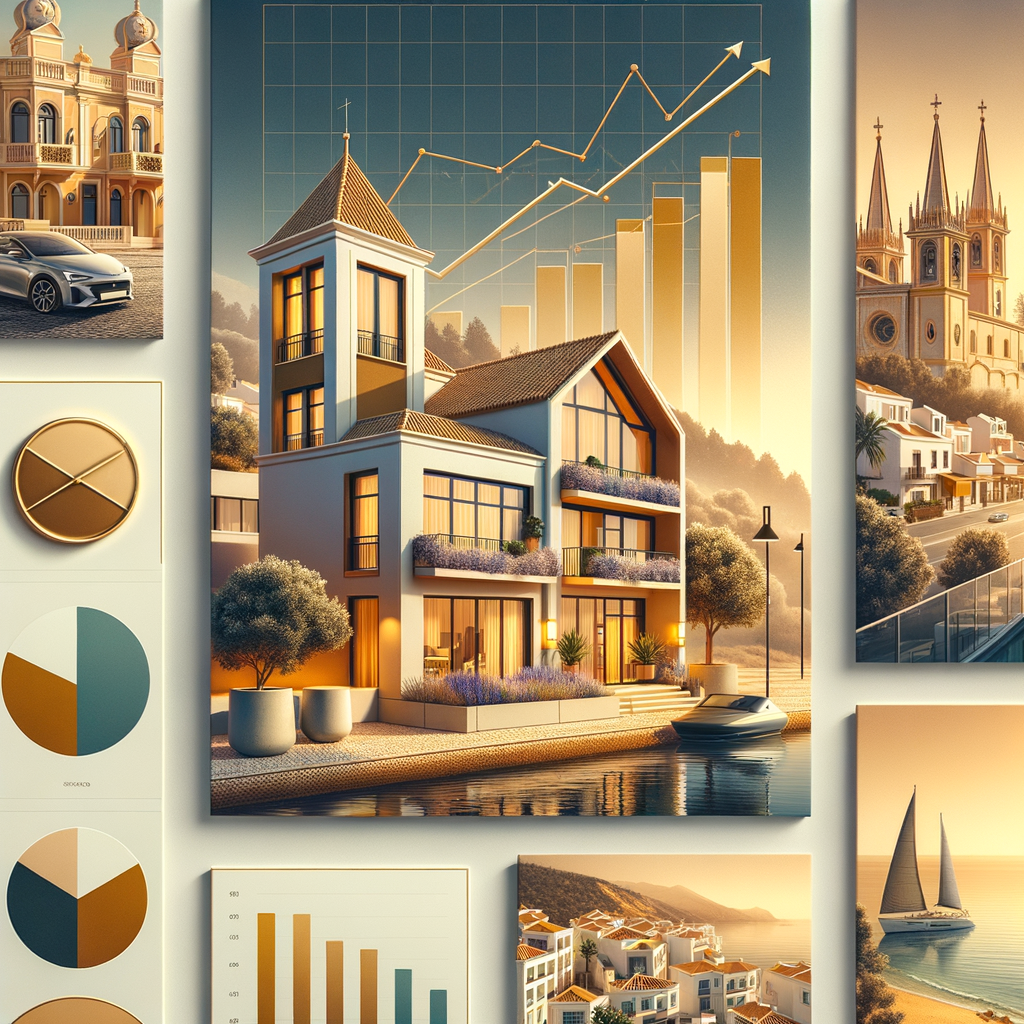 Professional image showing Portugal's booming real estate market with modern architecture, investment charts, and Algarve coastline