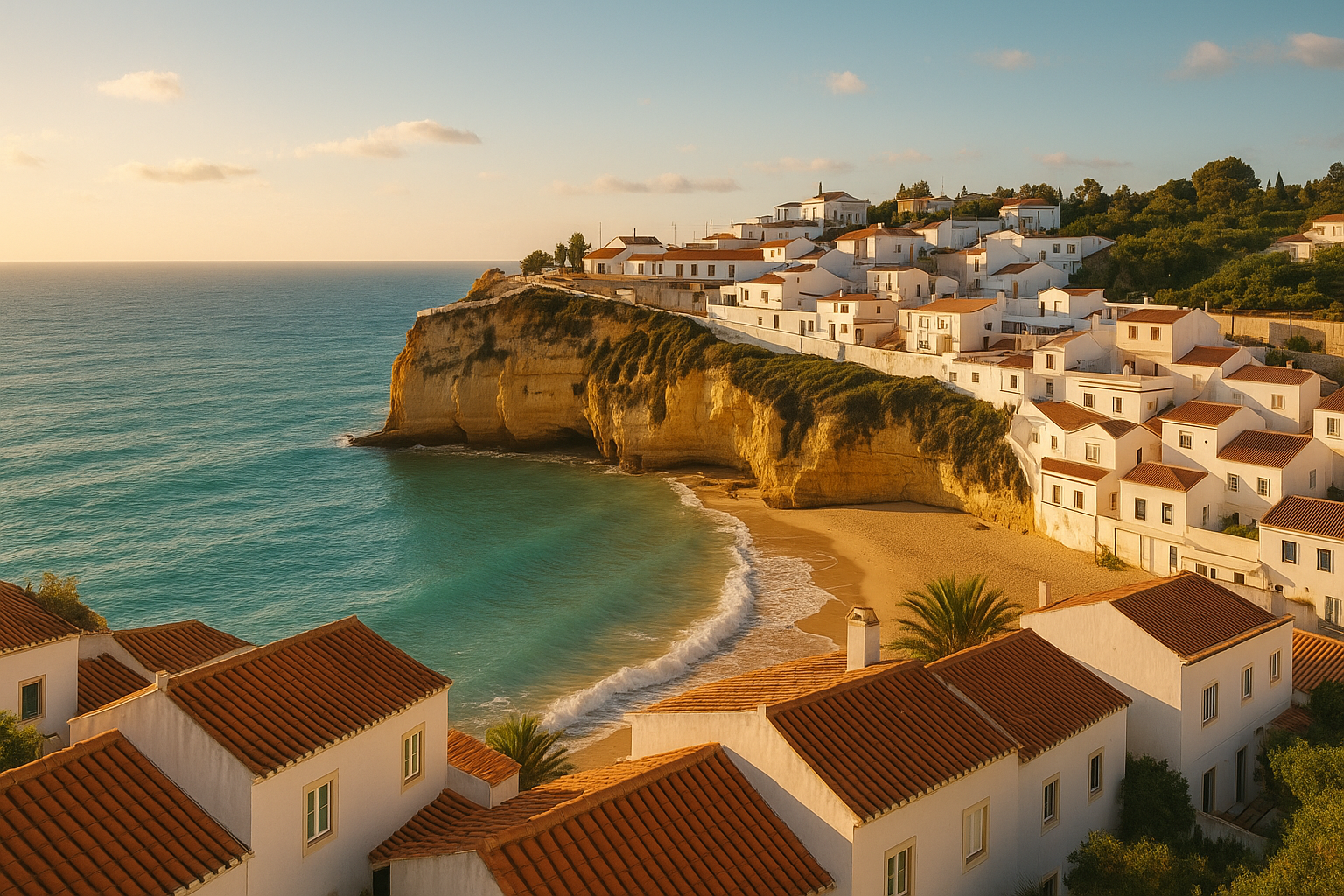 Portugal New Housing Tax Law 2026 – Algarve Investors White-washed Algarve coastal village with terracotta rooftops and turquoise Atlantic ocean, representing Portugal's new housing tax law for investors
