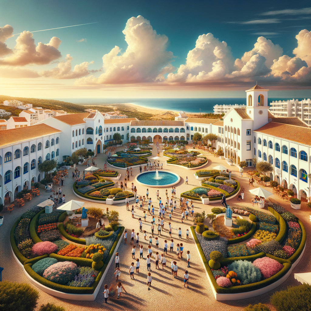 International school campus in Luz, West Algarve, Portugal with children and ocean views