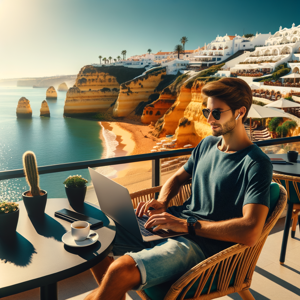 Remote worker with laptop at a coastal café in the Algarve, Portugal, overlooking the Atlantic Ocean