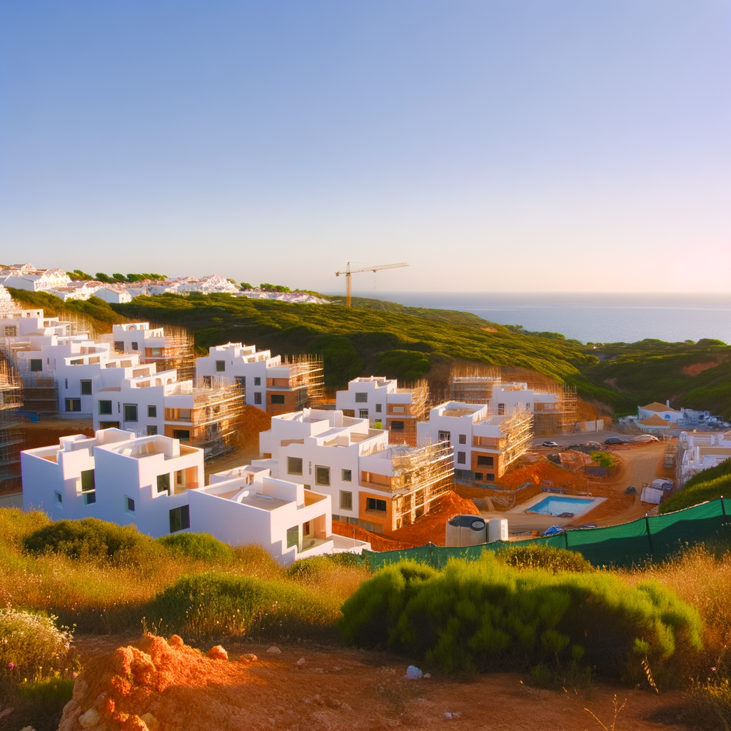 Modern residential development under construction in the Algarve, Portugal, with Atlantic Ocean views and blue skies