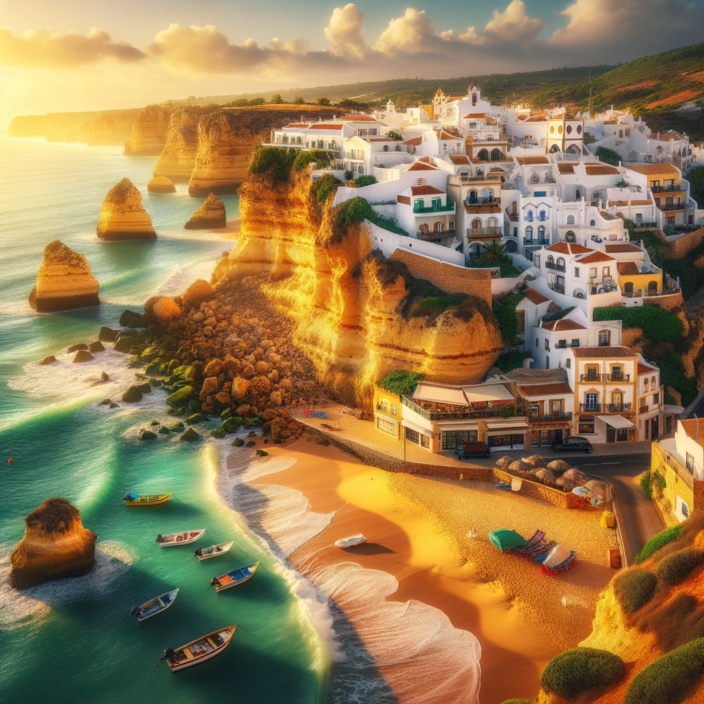 West Algarve coastal village with whitewashed houses, golden cliffs and turquoise Atlantic ocean - Portugal real estate investment