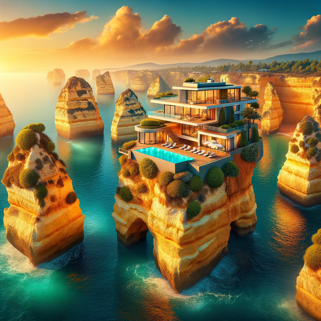 Luxury Algarve coastal villa overlooking turquoise Atlantic ocean at golden hour