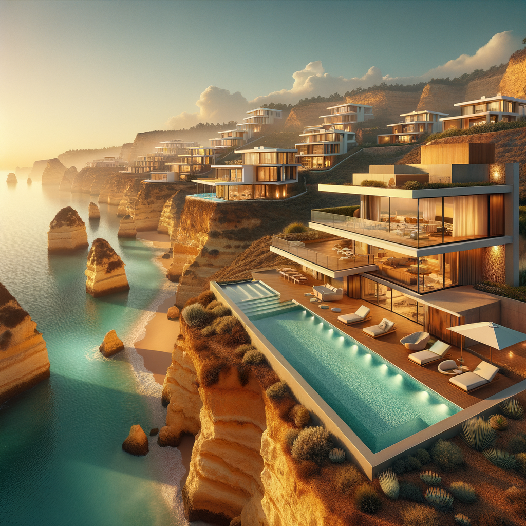 Luxury villa on the Algarve coastline with golden cliffs and turquoise ocean, representing Portugal's record property valuations in 2026