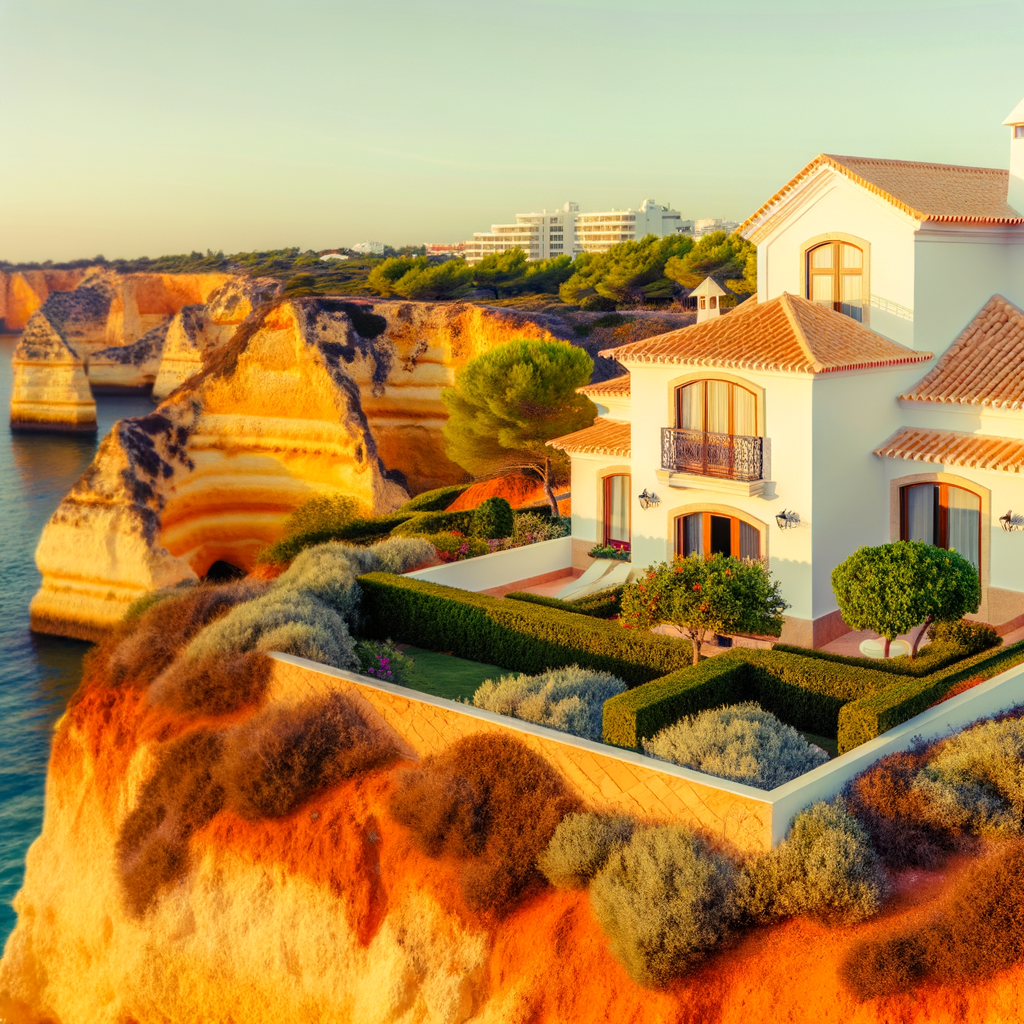 Whitewashed Portuguese villa overlooking golden cliffs and turquoise Atlantic ocean in the West Algarve