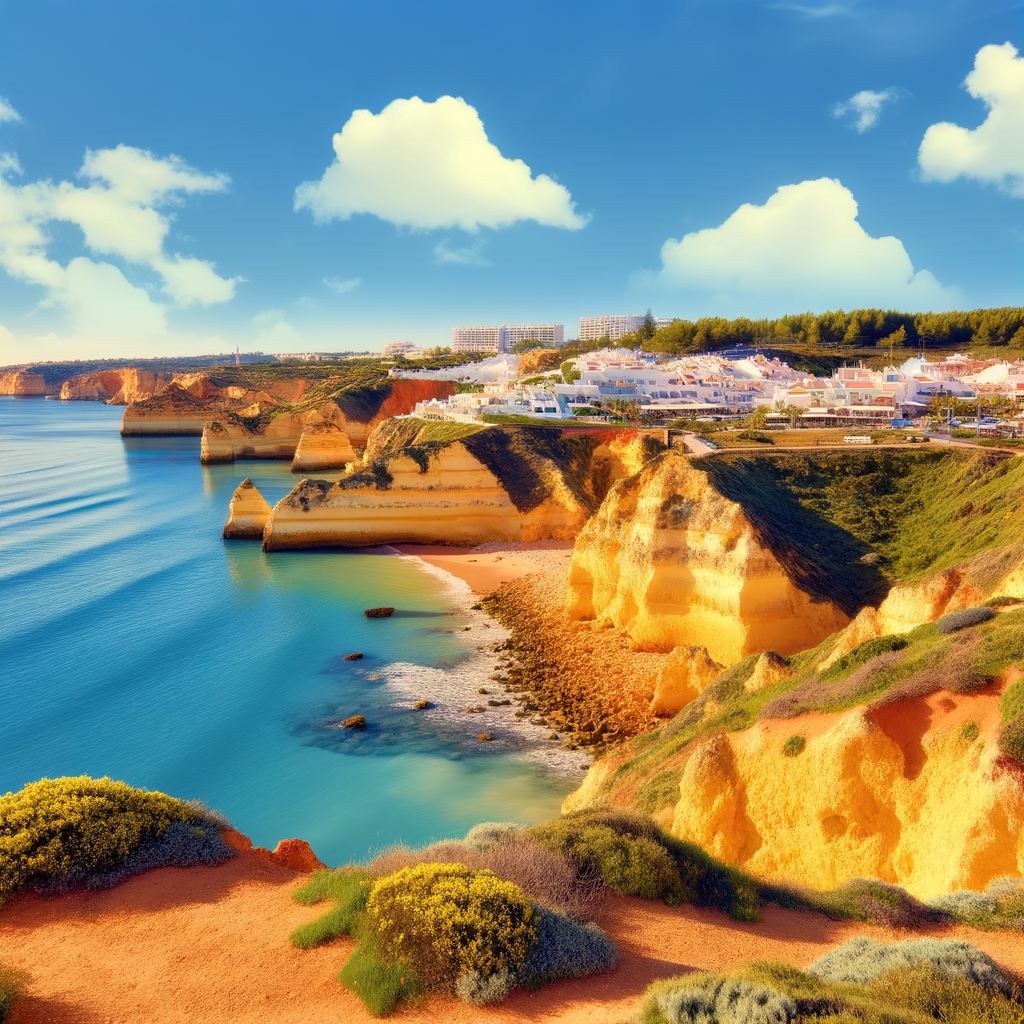 West Algarve coastline in spring - Praia da Luz and Burgau cliffs and turquoise sea