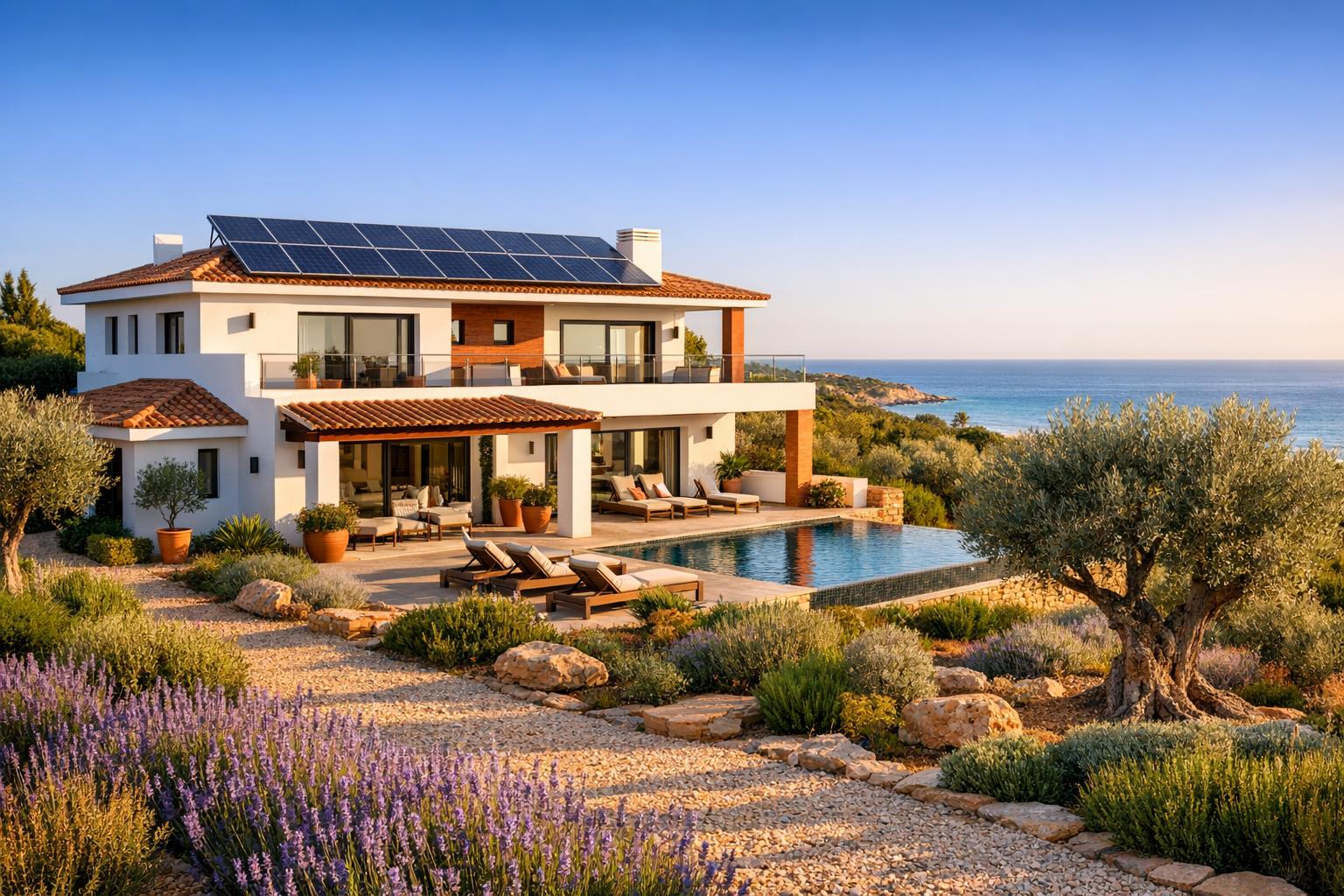 Green Homes Algarve Solar Energy Investment 2026 Modern energy-efficient villa with solar panels in the Algarve, Portugal, with ocean views