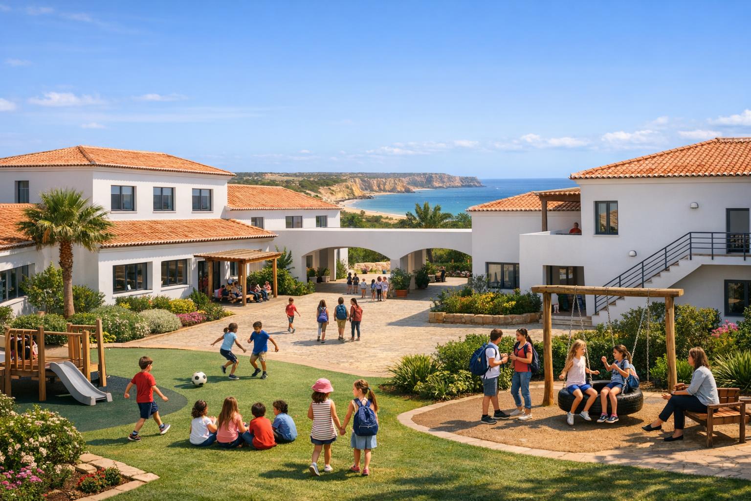 International Schools West Algarve Portugal International school campus in the West Algarve, Portugal with sunny courtyard and coastal views